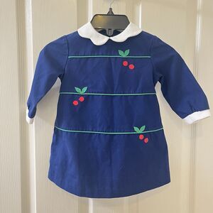 Florence Eiseman Blue Cherry Applique Dress Scallop Collar Girls Size 2T